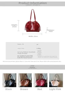 Detailed size chart for the PU tote bag showing dimensions and four available color options