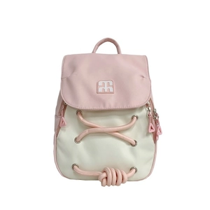 Pink and white minimalist small backpack with top handle and knotted rope detail
