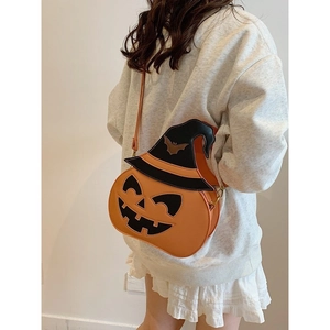Halloween pumpkin crossbody bag with black wizard hat and orange PU leather strap