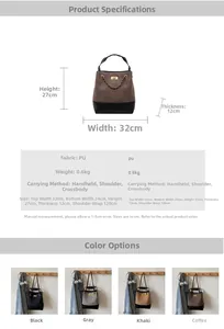 Detail of color-block bucket bag with gold lock buckle and metal chain handle