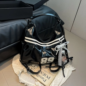 Y2K Glossy PU Leather Hobo Bag For Women With Number Patch Lace Bow Artificial Pearl Charm And Photo Card Slot Shoulder Bag