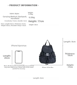 Detailed size chart for blue checkered nylon backpack showing 45cm length and dimensions