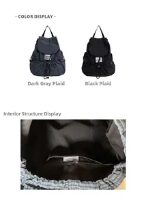Detail view of large capacity plaid backpack featuring drawstring closure and inner pocket