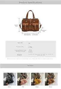 Detail view of vintage PU leather crossbody bag with rivet accents and dimensions