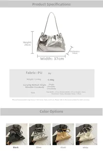 Detailed size chart for silver pleated bucket bag with shoulder strap dimensions
