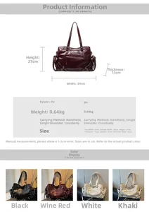 Detailed size chart and multi-color options for the large vintage PU tote bag
