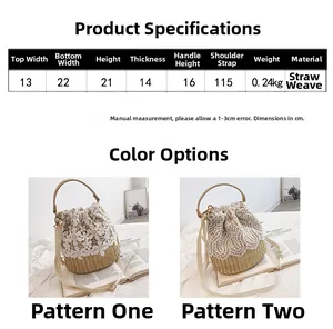 Straw bucket bag size chart and product dimensions for the summer woven beach handbag