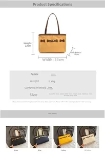 Detailed size chart for contrast color bucket bag showing dimensions 33cm by 22cm by 10cm