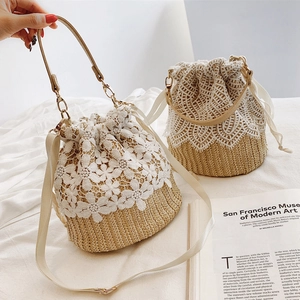 Women's Handmade Lace Straw Bucket Bag Woven Floral Summer Beach Shoulder Bag Drawstring Closure Vacation Crossbody Handbag