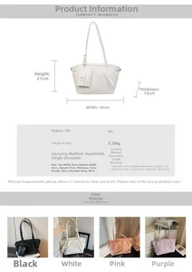 Guide des tailles du sac cabas en PU montrant les dimensions 36x21x12cm et détails