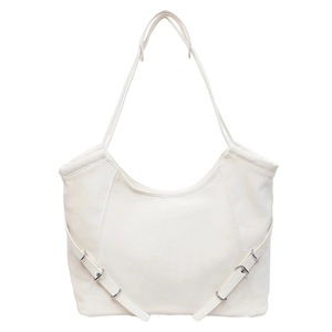 Minimalist white leather hobo shoulder bag with large capacity and silver metal buckle