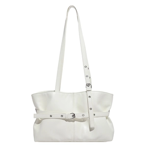 Sac fourre-tout minimaliste en cuir PU blanc avec boucle argentée et bandoulière réglable