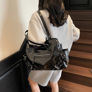Sac À Épaule Femme Grande Capacité Simili Cuir Brillant Multi Poches Style Motard Rétro Cabas Chic Mode Urbaine
