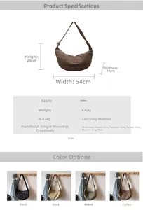 Detailed size chart and multi-color options for large capacity canvas dumpling bag