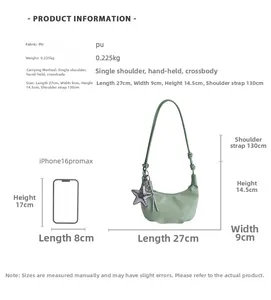 Size comparison of light green dumpling bag with iPhone 16 Pro Max showing dimensions