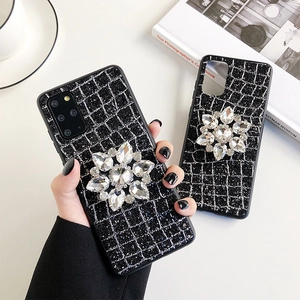 Coque de téléphone noire pailletée avec fleur en strass pour Samsung S20 Ultra