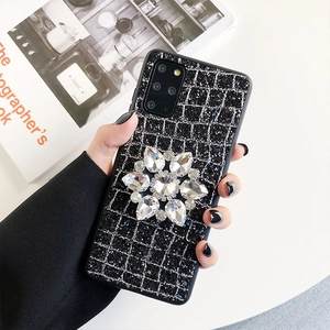 Coque noire pailletée pour Samsung avec fleur en strass luxueuse et support intégré