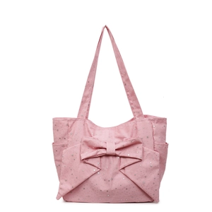 Pink canvas tote bag with large bow and silver star patterns for fashionable women