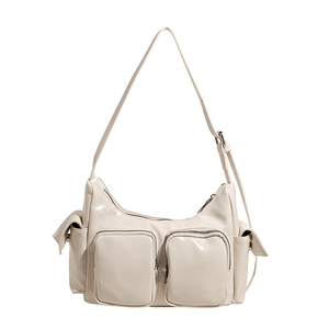 Retro cream multi-pocket shoulder bag in glossy faux leather with adjustable strap