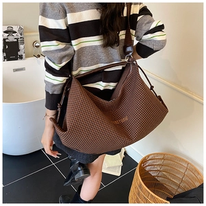 Brown checkered hobo shoulder bag with adjustable strap worn by model in casual setting