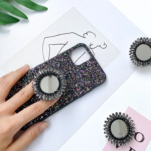 Black glitter iPhone case with a luxury rhinestone mirror folding socket stand