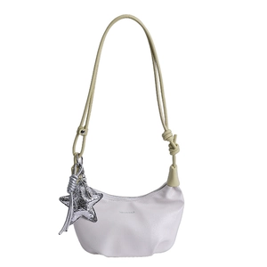 Minimalist beige dumpling bag with adjustable knotted strap and silver star pendant