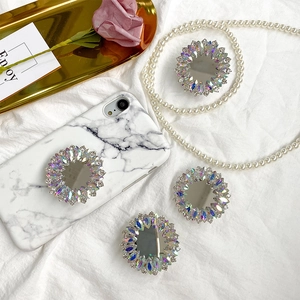 Luxurious folding mirror phone stand with colorful rhinestones on marble case