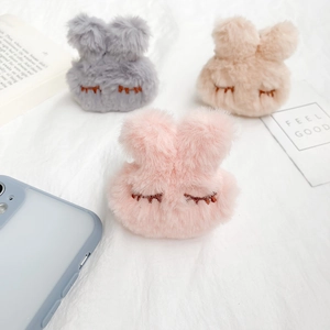 Cute Plush Rabbit Foldable Phone Holder Embroidered Eyes Faux Fur Mobile Stand Stick On Grip Universal Smartphone
