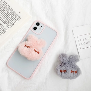 Cute plush bunny phone grip with pink border translucent case for iPhone and tablets