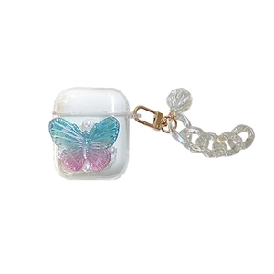 Transparent AirPods case featuring a gradient butterfly and acrylic seashell chain