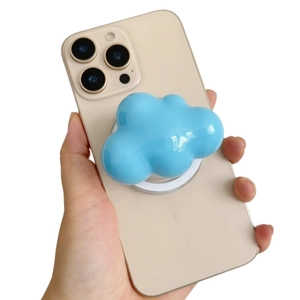 Blue cloud-shaped expandable phone grip holder on a smartphone held in hand