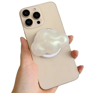 Cloud shaped iridescent pearl phone grip and expanding stand for handheld support