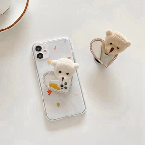 Cute plush bear and rhinestone heart mirror phone grip on clear iPhone case