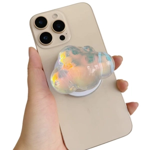 Iridescent cloud-shaped expandable phone socket grip holder on a golden smartphone