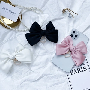 Transparent Phone Case With Oversized Satin Bow And Artificial Pearl Heart Pendant Elegant Sweet Luxury Style Protective Cover