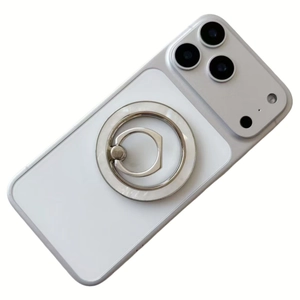 Detail of white magnetic phone case with shell pattern and dual-ring metal kickstand