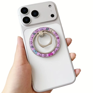 Magnetic purple phone ring holder with cartoon heart and floral patterns on white case