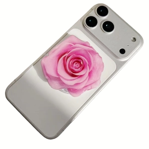 Pink rose flower acrylic cell phone grip socket stand mounted on a silver smartphone