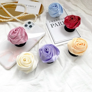 Silk satin rose flower phone grip socket stand in assorted elegant pastel colors
