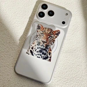 Detail of leopard print magnetic phone socket holder on transparent smartphone case