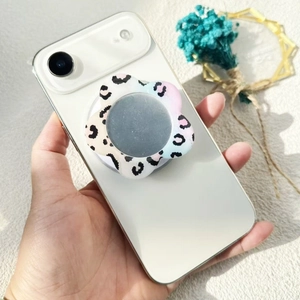 Floral magnetic phone holder with leopard print and built-in vanity makeup mirror