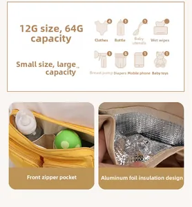 Infographic showing large storage capacity of yellow diaper bag with thermal pockets