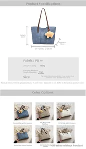 Detailed spec sheet showing PU leather tote bag dimensions and internal capacity details