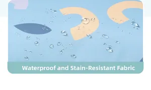 Detail of blue patterned waterproof and dirt-resistant fabric with water droplets on top