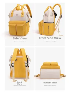 Detail view of large capacity diaper backpack showing side, front, back and bottom angles