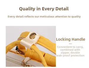 Detail of yellow diaper bag handle with metal buckle and leakproof zipper closure
