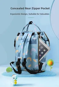 Detail of hidden rear anti-theft zipper pocket holding a tablet on blue pattern diaper bag