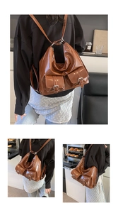 Detailed view of caramel brown glossy backpack with dual front pockets and soft texture