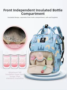 Detailed view of insulated bottle pocket with aluminum foil lining in blue mommy backpack