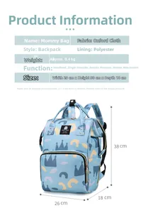 Detailed size specifications of the light blue patterned diaper bag with side pocket view